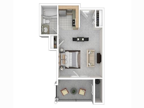 A top down view of a small apartment with a kitchen, living room, and bathroom.